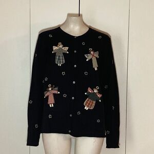 Cambridge Dry Goods Christmas Cardigan Sweater Angel Appliqué and Embroidery